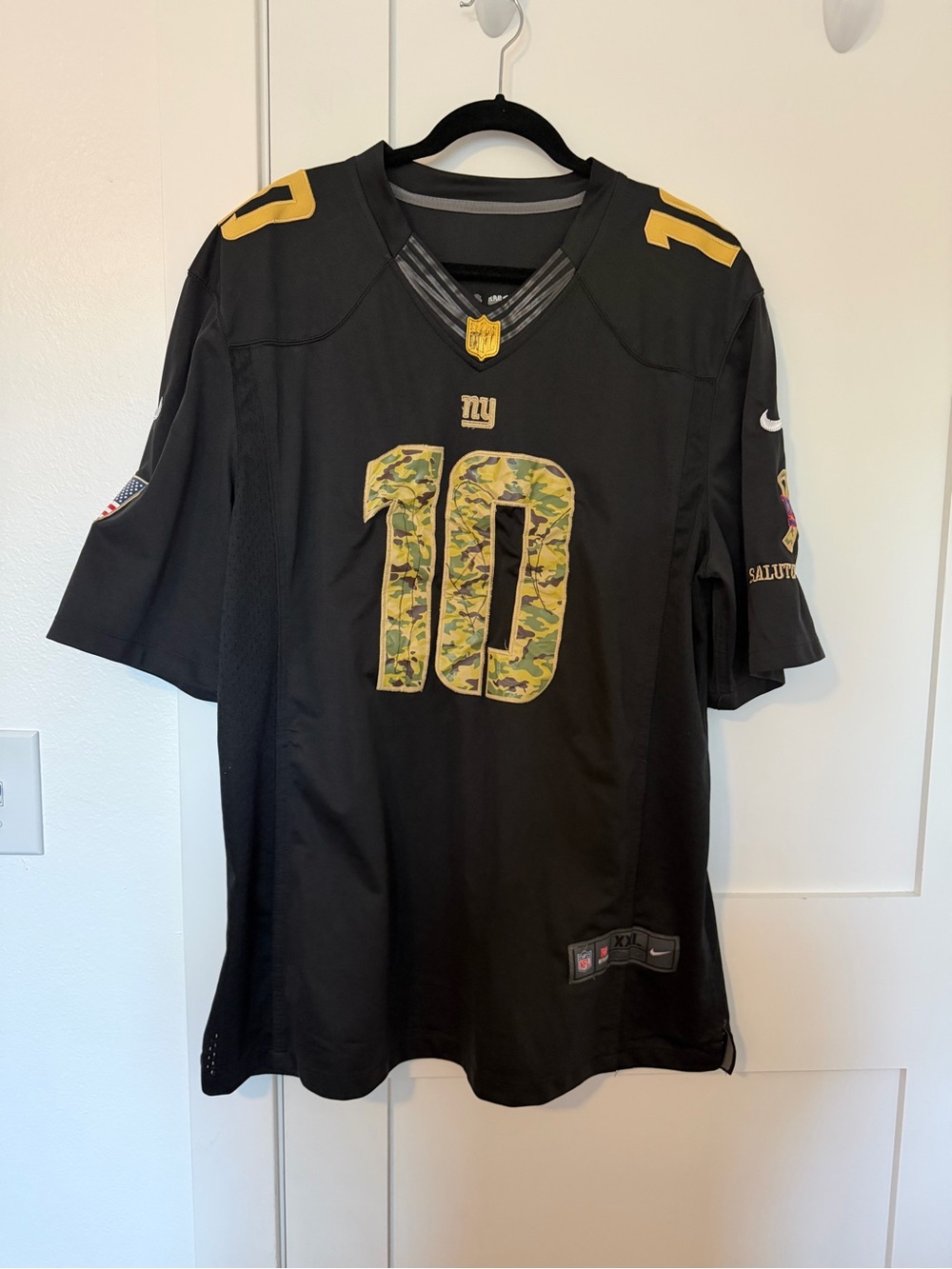 Nike Men’s Black Football Jersey with Gold Accents & Camo Numbers